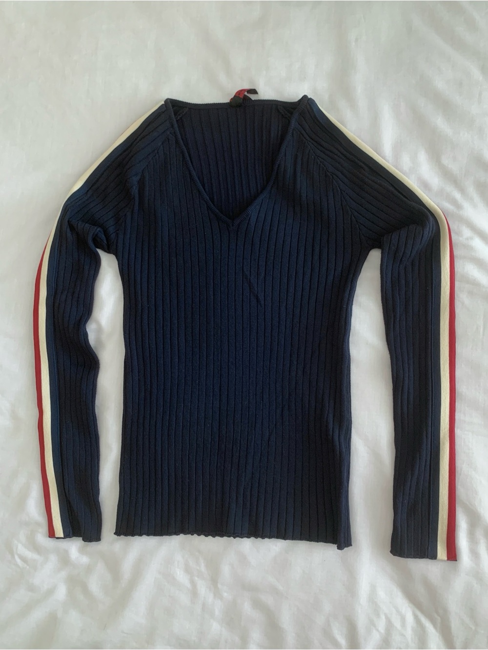 Vintage Y2K Yoki Ribbed V-Neck Sweater Sporty Stripe Sleeve Navy Blue L